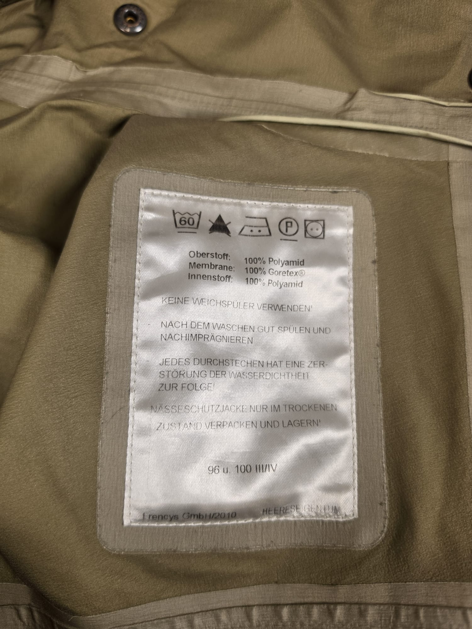 Austrian Gore-Tex KPU Rain Jacket, Olive, Fair condition